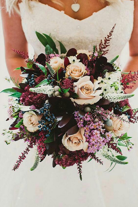 burgundy wedding bouquet with pale and marsala flowers via irène bassil