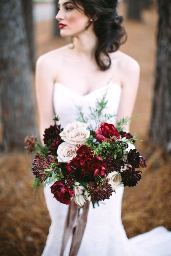 burgundy wedding bridal bouquet with dahlias peonies and roses via casto photography and cinema
