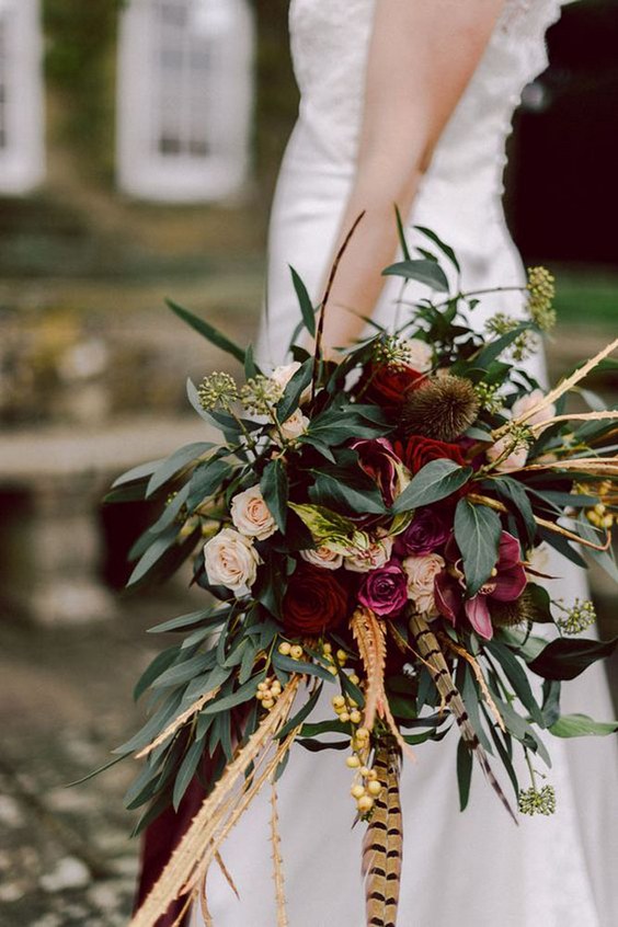 burgundy wedding bridal bouquet with marsala flowers and greenery via chris scuffins photography