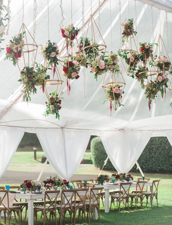 hanging geometric floral installation for a boho chic wedding