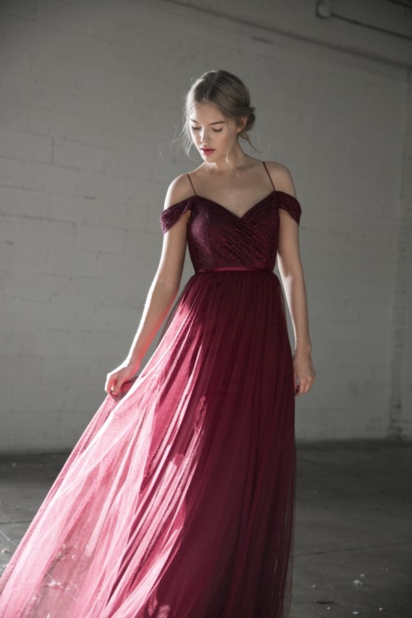 jenny yoo lace off shoulder burgundy bridesmaid dress