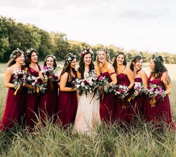 multi-wear burgundy tulle bridesmaid dresses