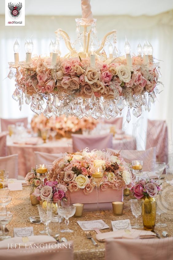 peach and pink roses wedding chandelier