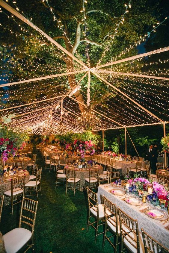 twinkle light tent wedding reception table layout