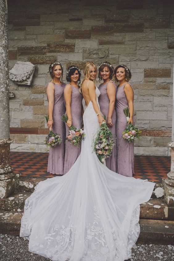 lavender bridesmaid style and a show-stopping backless dress for the bride