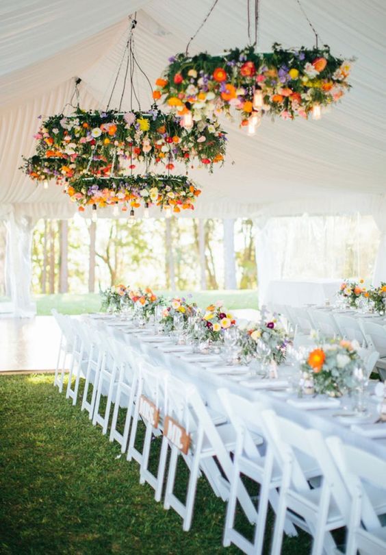 tent wedding decor with flower hanging centerpiece