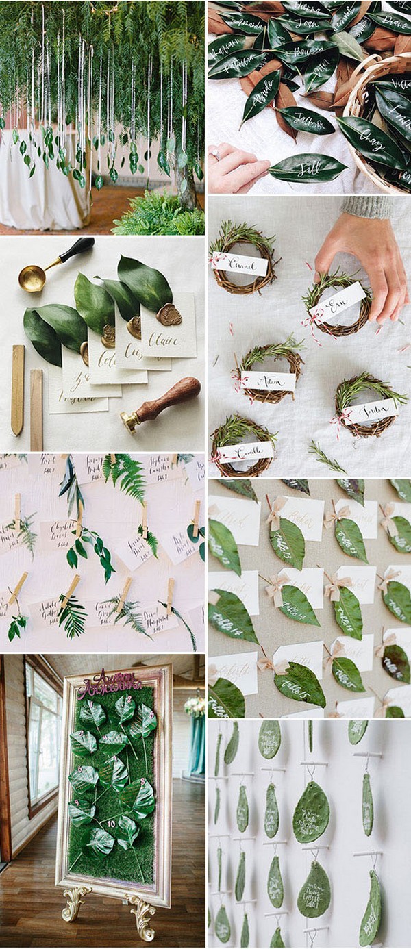 Seating Charts with Green Leaves Rosemary Wreath Place Cards Unique wedding escort cards ideas