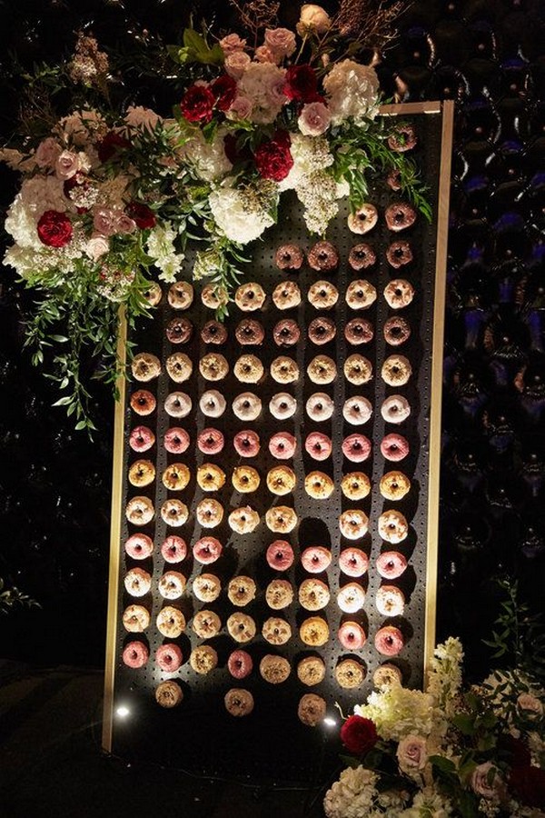donut wall decorated with floral wedding ideas