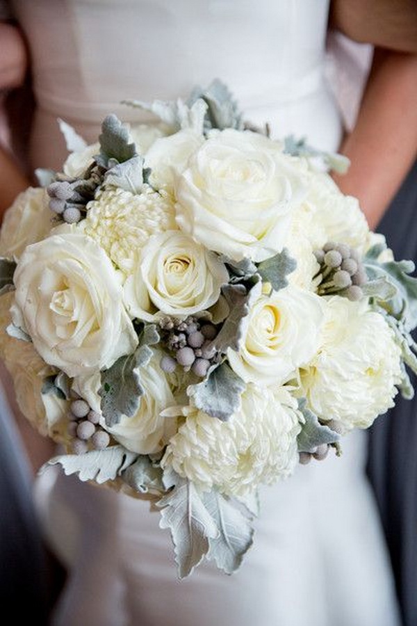 winter wedding bouquets with white roses and spruce branches flowers by janie via instagram