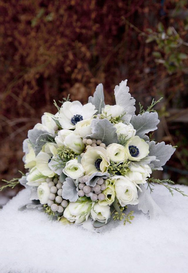 ranunculus, anemones, dusty miller and gray berries winter wedding bouquet