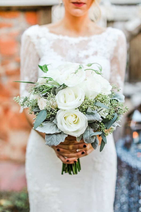 white and green winter wedding bouquet