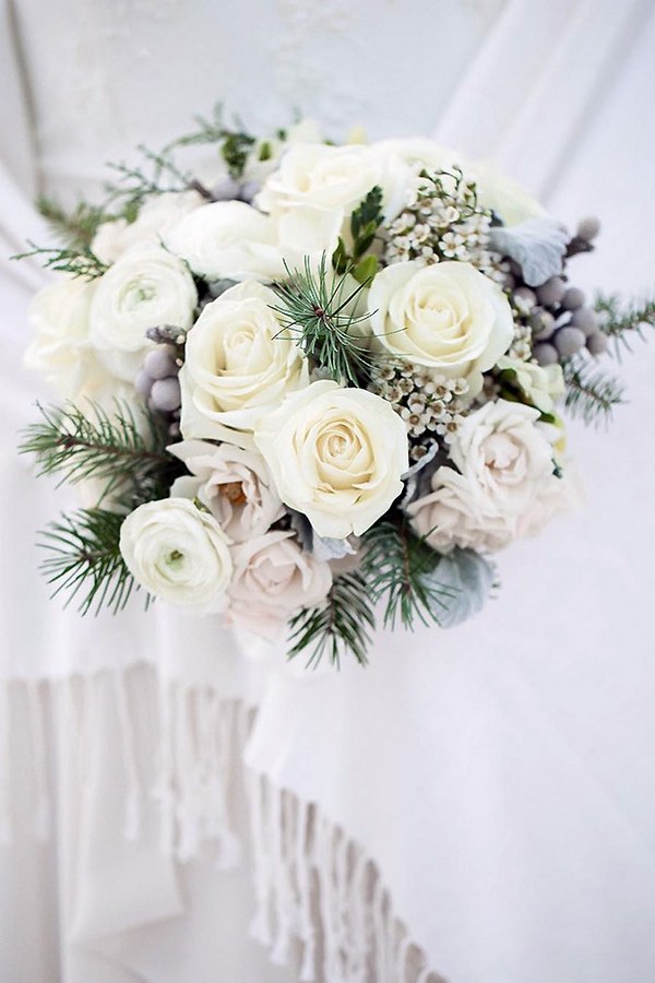 winter wedding bouquets with white roses and spruce branches flowers by janie via instagram