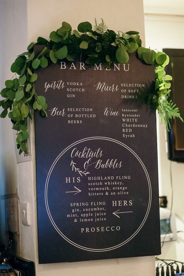 Greenery chalkboard wedding drink bar sign