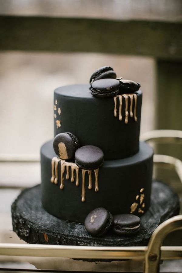 black wedding cake with metallic gold drips