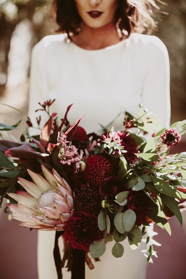 moody burgundy dahlia wedding bouquet ideas