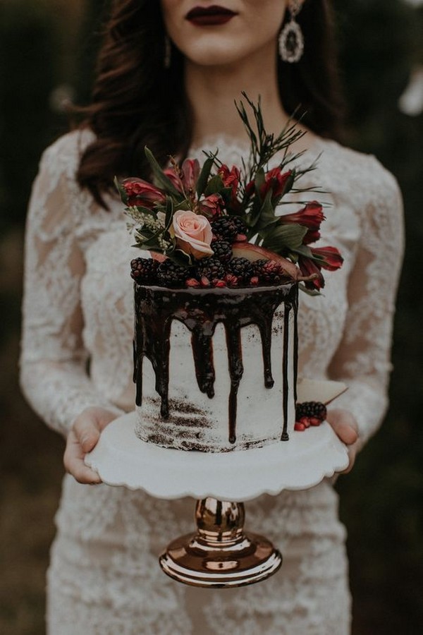 ruby red chocolate drip wedding cake