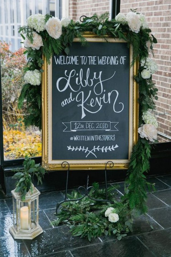 vintage chic chalkboard wedding sign with hashtag