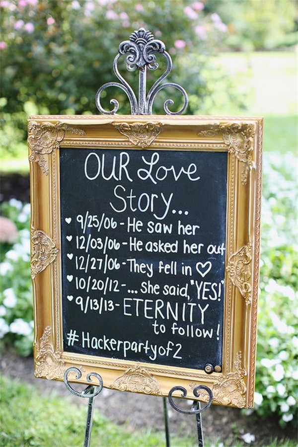 vintage gold frame chalkboard wedding hashtag sign ideas