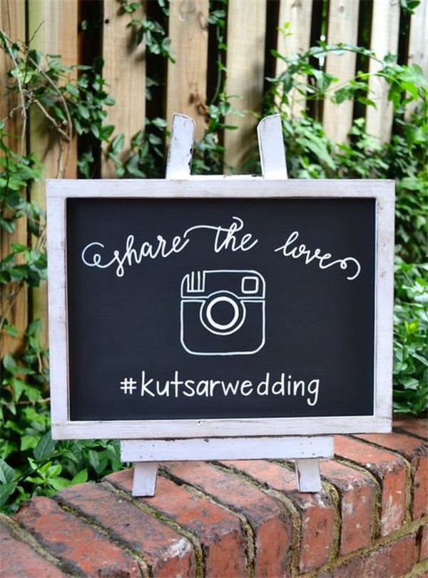 vintage gold frame chalkboard wedding hashtag sign ideas
