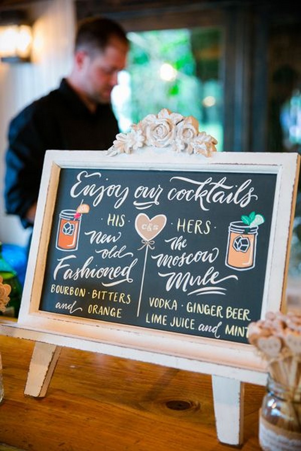 rustic wooden wedding drink bar sign