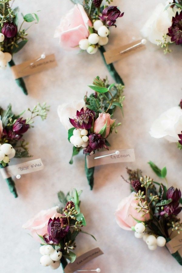Blush, berry and ivory wedding boutonnieres