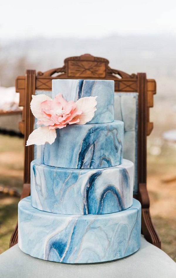 Dusty Blue Marble Geode Cake with Blush and Nude sugar flower