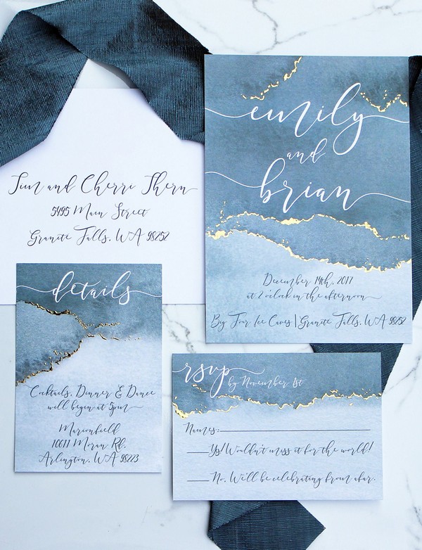 Dusty blue watercolor wedding invitations