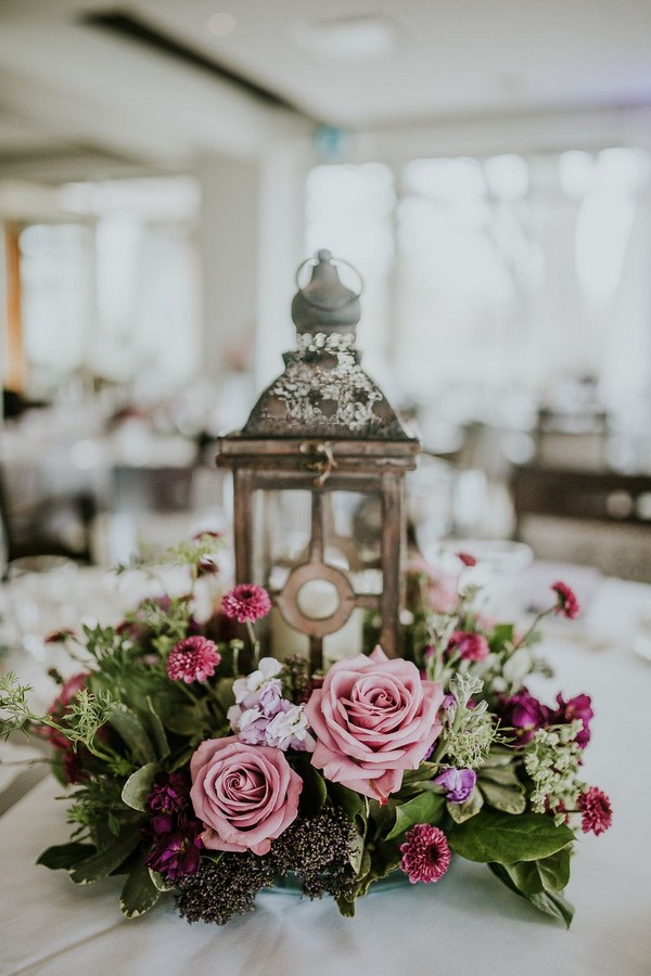 Lantern Wedding Centrepiece – Purple Wedding Flowers