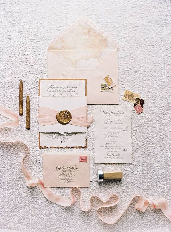 Pink and Antique Gold Wedding Invitations