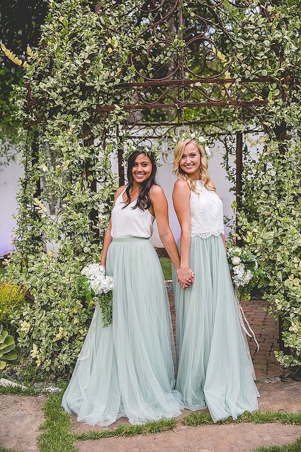 Revelry sage green two piece bridesmaid dresses