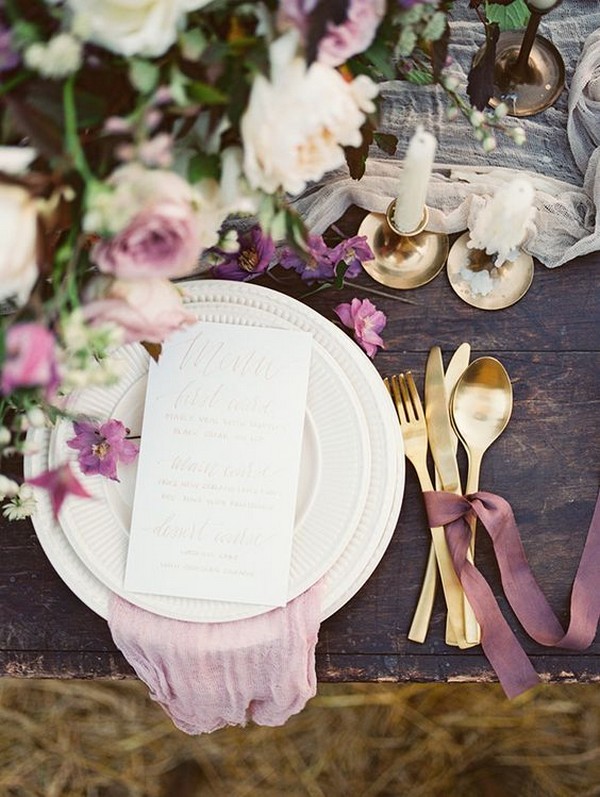 Shades of purple for autumn Wedding Place setting Ideas