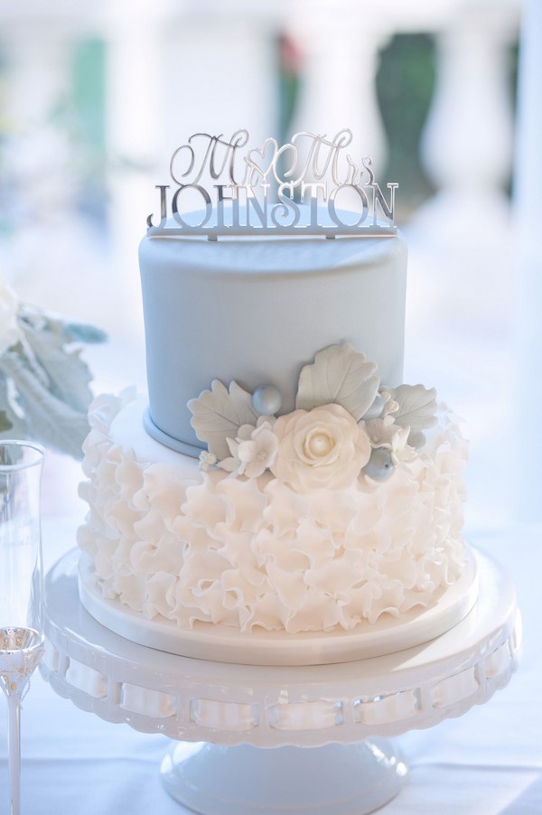 Tiered Pale Blue and Cream Wedding Cake