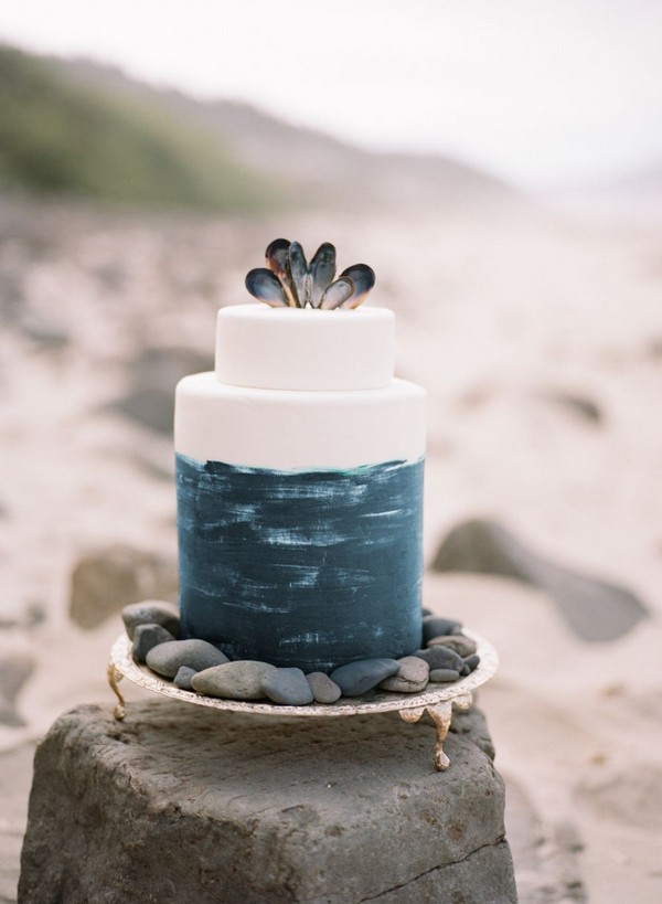 beach watercolor dusty blue wedding cake