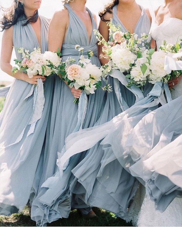 dusty blue off the shoulder tulle bridesmaid dress