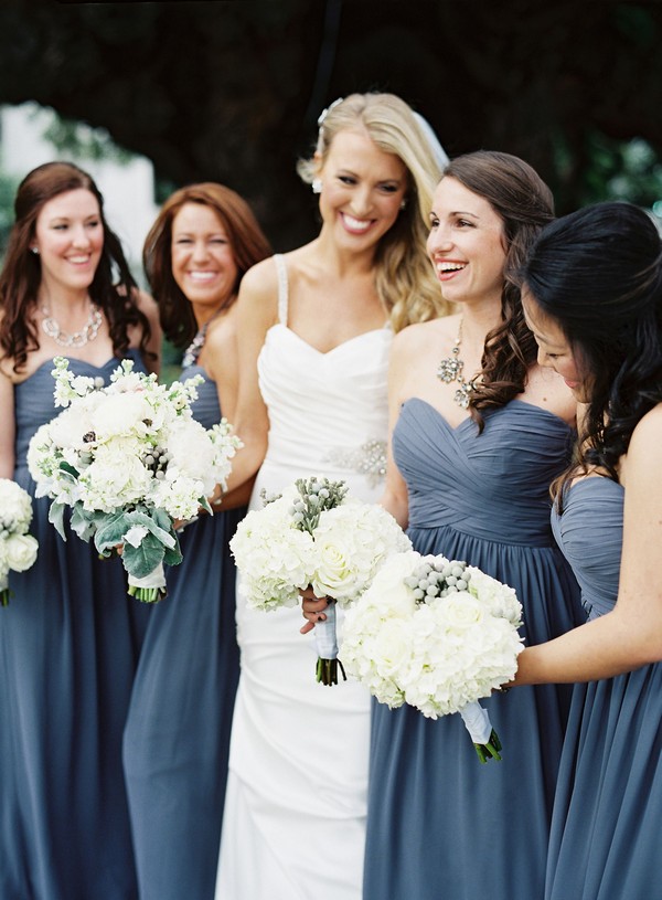 dusty blue strapless bridesmaid gown