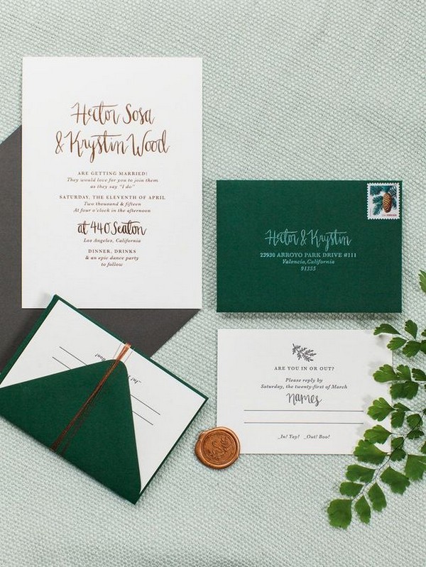emerald greenery and gold wedding invitations