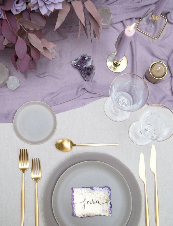 gold flatware and mauve wedding table runner