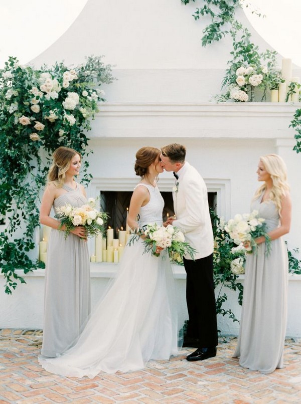 greenery wedding backdrop and grey bridesmaid dresses