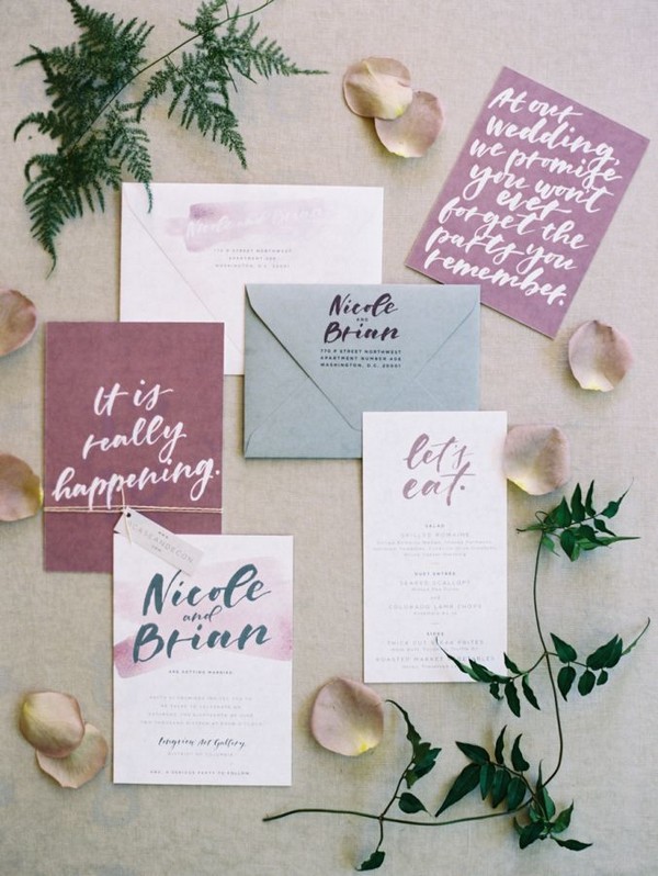 mauve and greenery wedding invitations