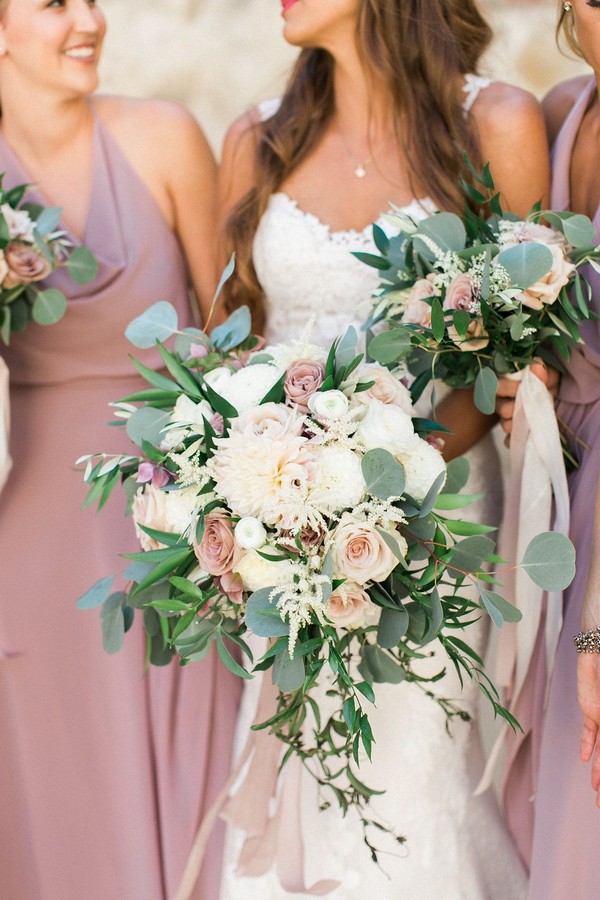 mauve bridesmaid dress and greenery wedding bouquet