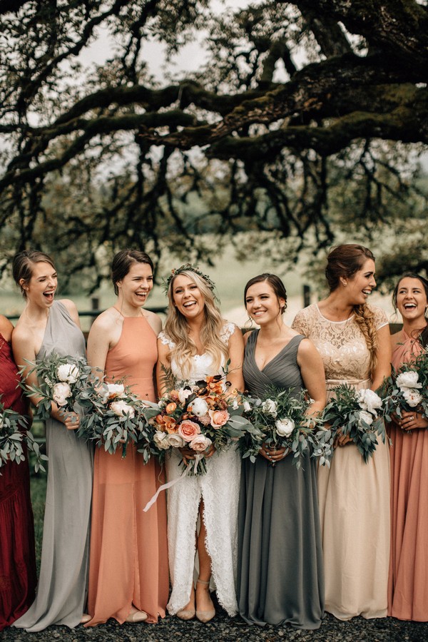 mismatched colored earthy tone bridesmaid dresses