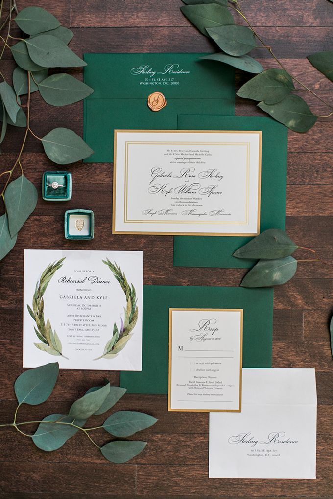 romantic greenery and gold wedding invitations