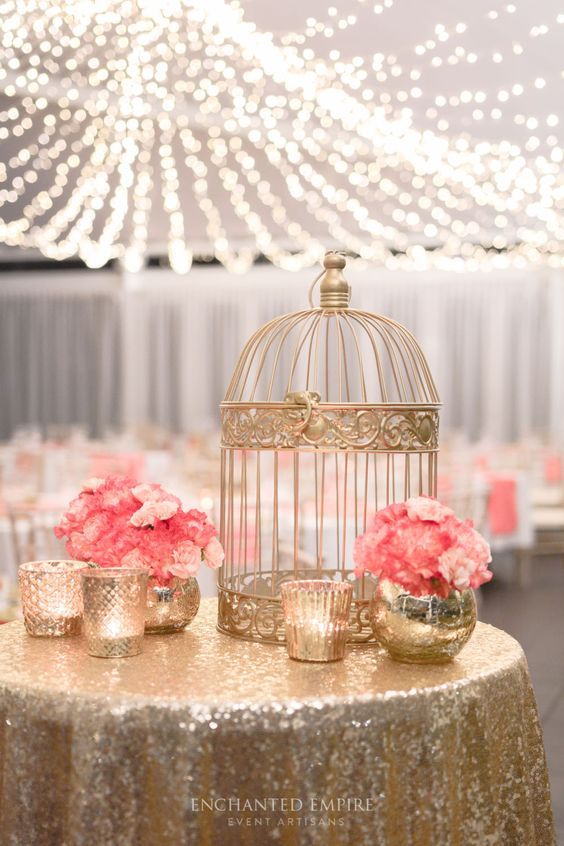 coral and gold birdcage wedding decor ideas