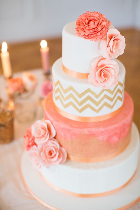 coral and gold wedding cake
