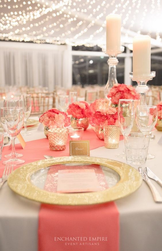 coral and gold wedding table seeting