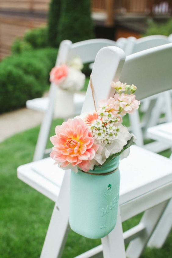 coral and mint wedding aisle decor