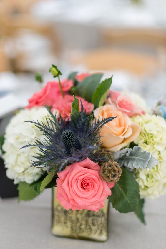 coral and navy wedding centerpiece