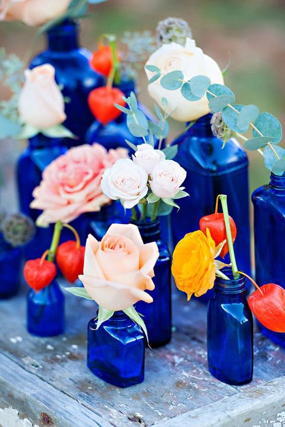 coral and royal blue wedding centerpiece