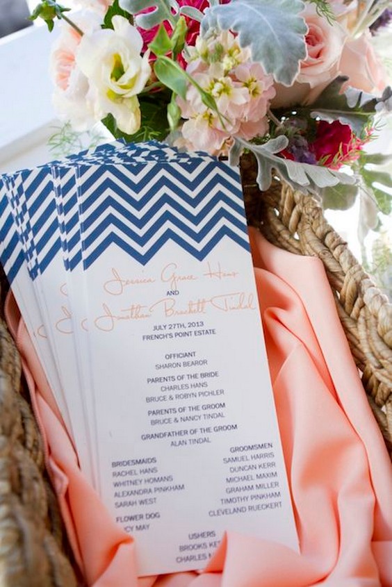coral and royal blue wedding menu