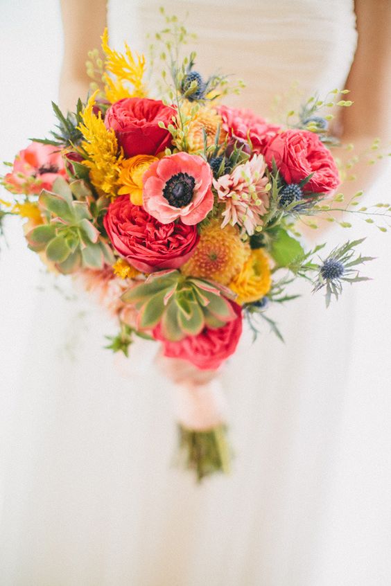 coral and yellow summer wedding bouquet